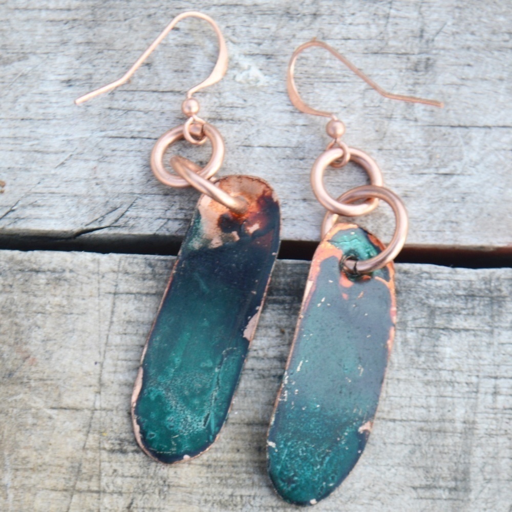 Little Green Rustic Patina Solid Pure Copper Earrings Artisan Brutalist Boho